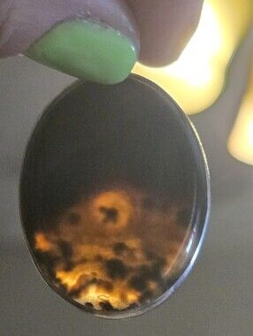 Silver & Polished Agate Cabochon Deep Brown with Amber Veining Pendant Gemstone